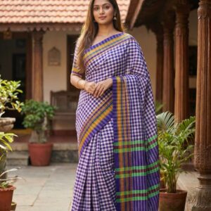 Cotton Cheqs saree(blue+white)