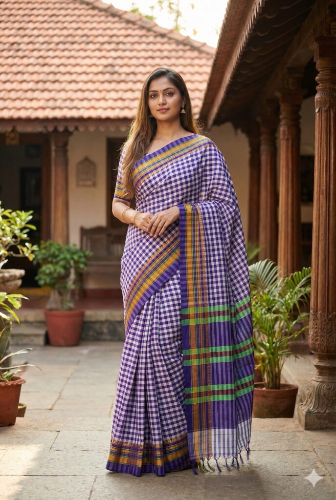 Cotton Cheqs saree(blue+white)