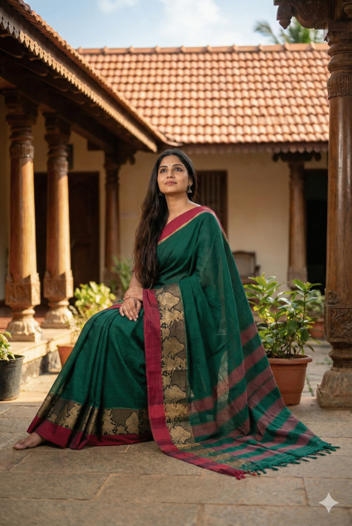 Green Agni Border Pure Narayanpet 100% Cotton Saree For Women