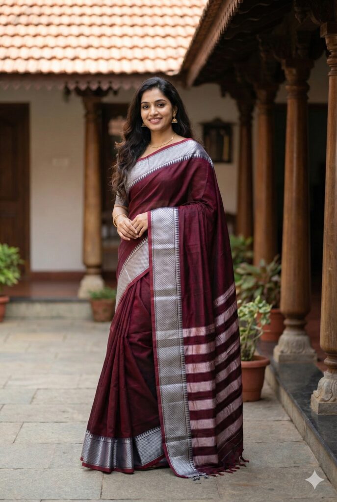 Maroon 100% Cotton Silver Saree For Women