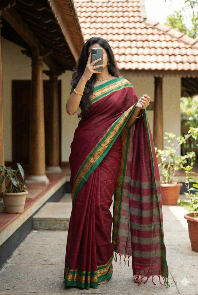 Maroon Cotton Small Elephant Border  Saree For Women