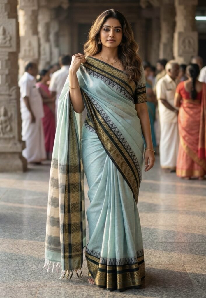 Light Cream G M Temple Border Saree For Women