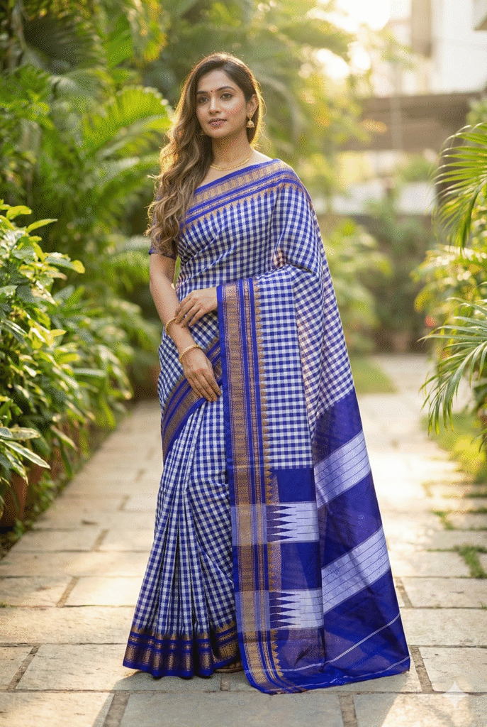 Ilkal saree blue+ white cheqs saree