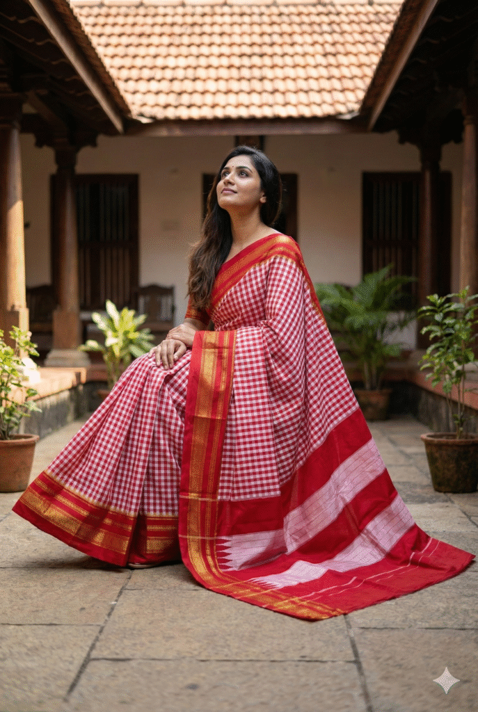 Ilkal silk saree red + white