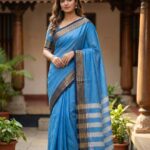 Sky Blue Narayanpet Cotton Small Rudraskhi Border Saree For Women
