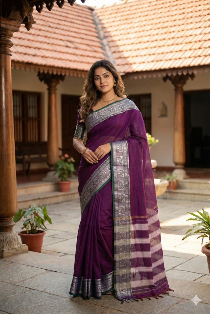 Megenta Narayanpet Silver Zari With Elephant And Peocock Saree For Women