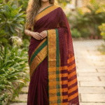 Maroon Pure Cotton Double Peocock Border Saree For Women