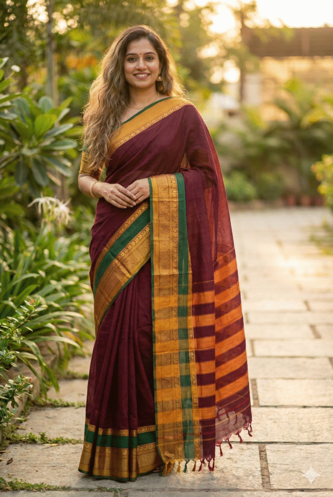 Maroon Pure Cotton Double Peocock Border Saree For Women