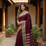 Maroon 100% Pure Cotton Peocock Border Saree For Women