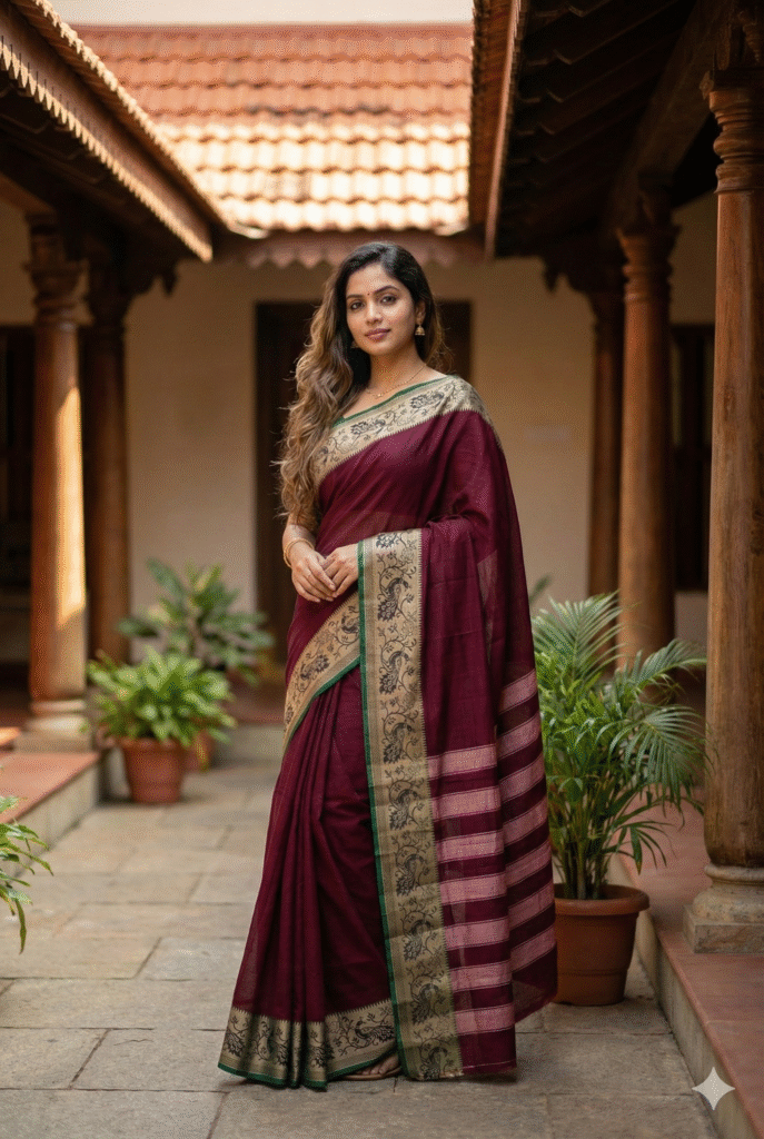 Maroon 100% Pure Cotton Peocock Border Saree For Women