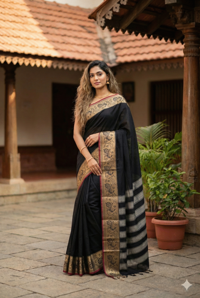 Black 100% Pure Cotton Peocock Border Saree For Women
