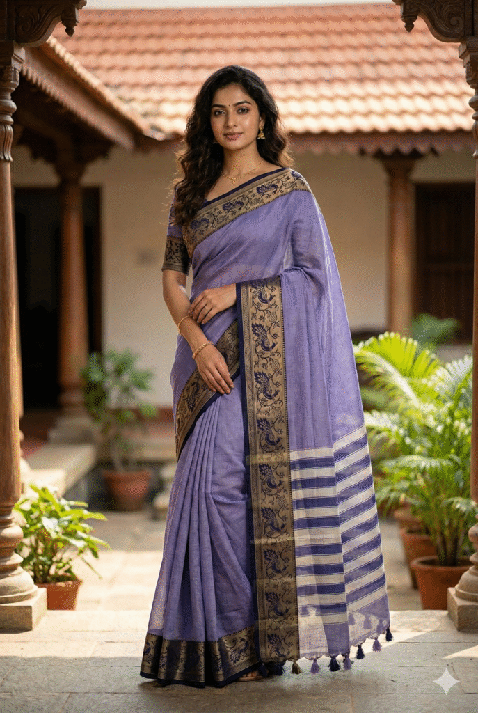 Lavender Pure Cotton Peocock Border Saree For Women