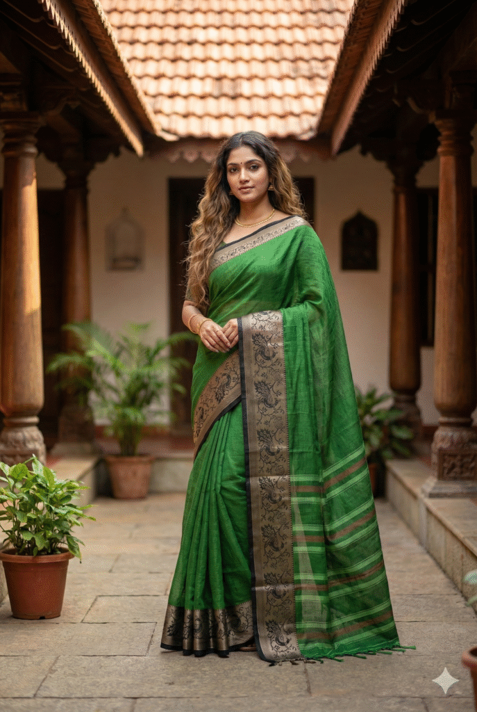 Mehendi Green Pure Cotton Peocock Border Saree For Women