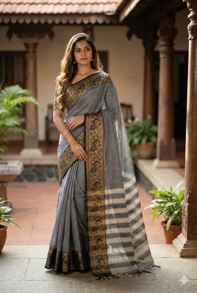 Grey 100% Pure Cotton Peocock Border Saree For Women