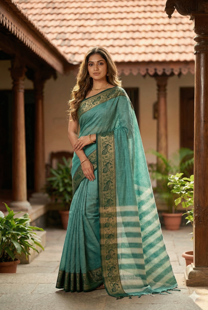 Onion Green 100% Pure Cotton Peocock Border Saree For Women