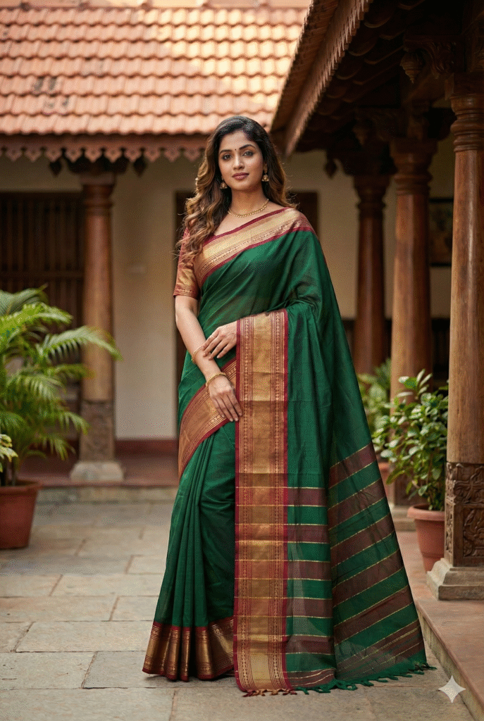 Green Thread Borders Naraynpet 100% Cotton  Saree For Women