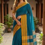 Mustard & Blue 100% Cotton Border Saree For Women
