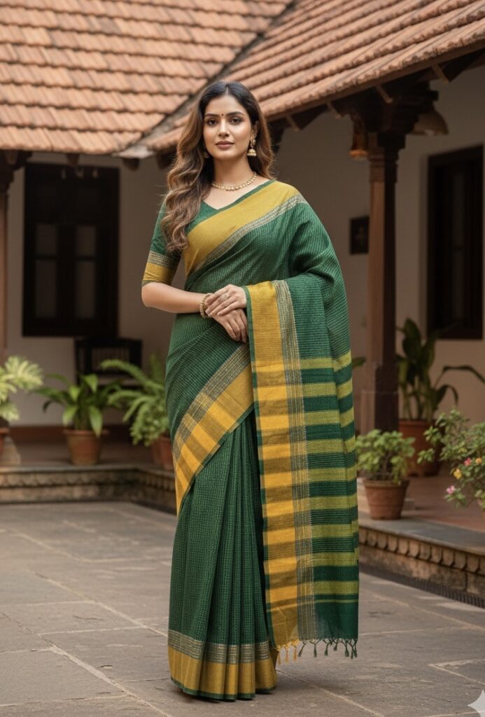 Yellow & Green Small Cheqs Cotton 100% Saree For Women